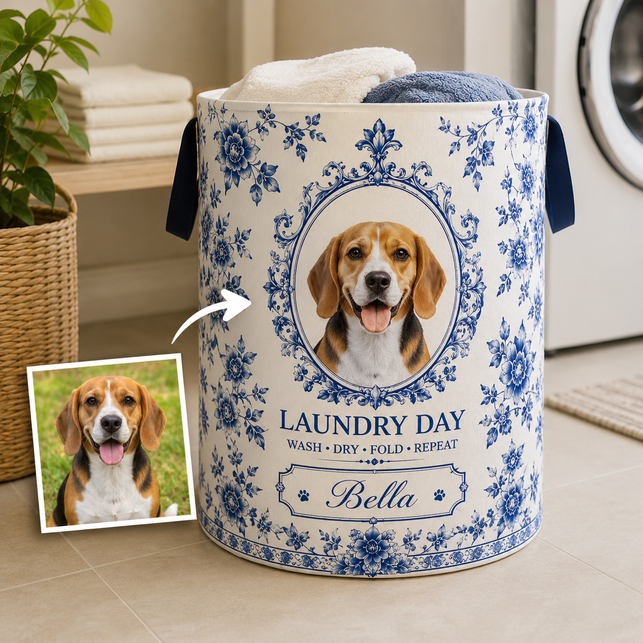 Custom Photo Dog Laundry Basket | Gift For Dog Lovers | Dog Bathroom Decor