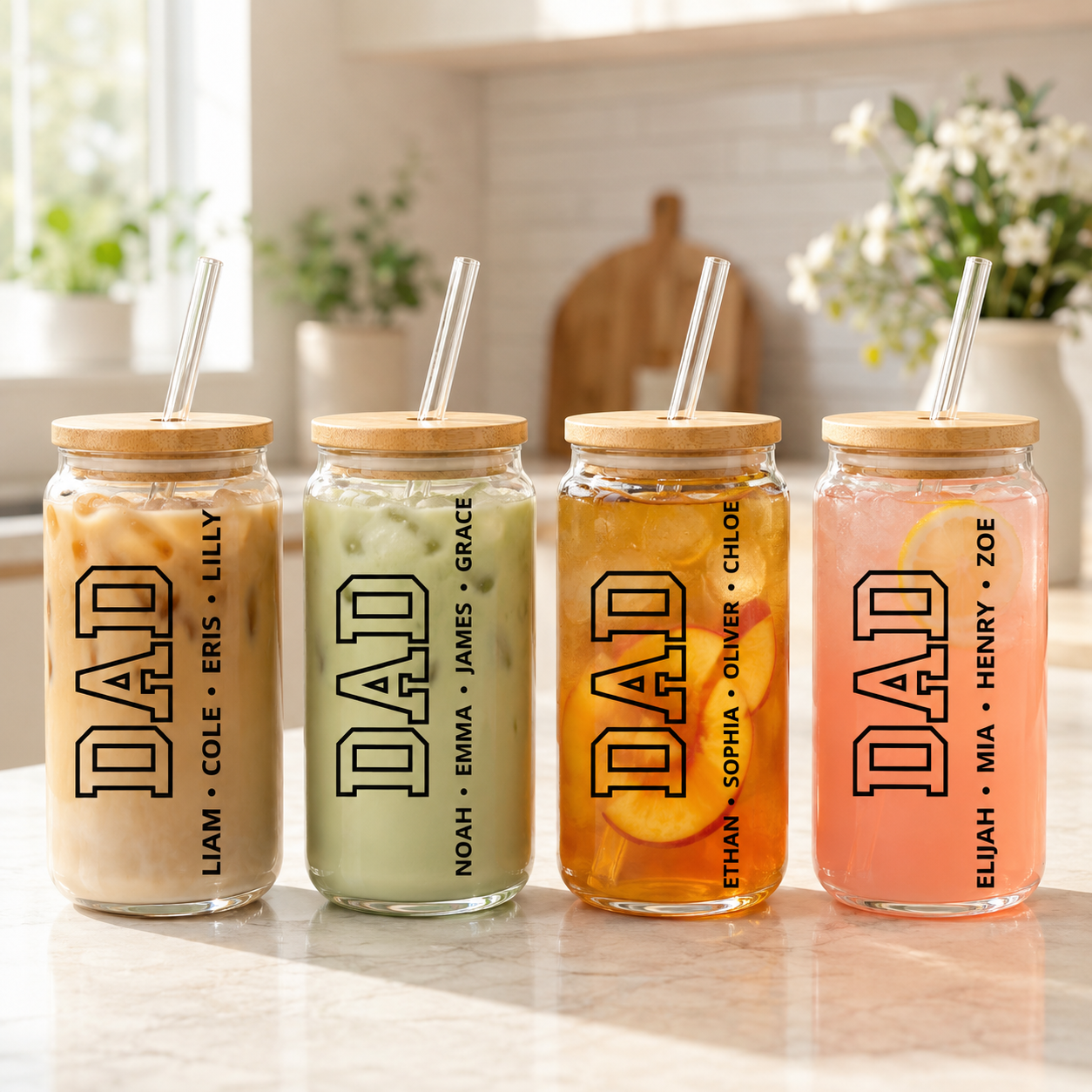 Custom Photo Dad Glass 16oz – Personalized Dad Glass Cup with Bamboo Lid & Straw | Gift For Father  TOM99