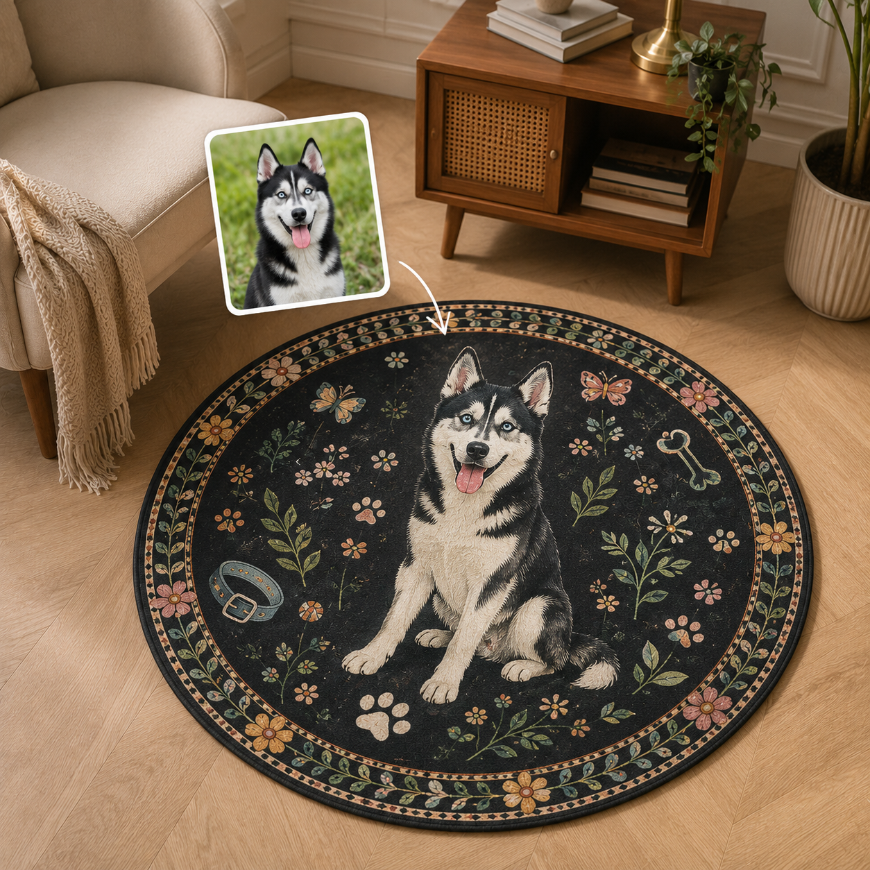 Custom Photo Dog Floral Round Carpet | Photo Pet Round Rug | Gift For Dog Lovers