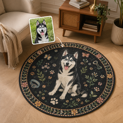Custom Photo Dog Floral Round Carpet | Photo Pet Round Rug | Gift For Dog Lovers