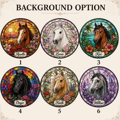 Custom Photo Horse Flowers Stained Glass Suncatcher – Personalized Horse Lover Gifts | Gift For Horse Lover TOM99