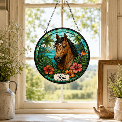 Custom Photo Horse Flowers Stained Glass Suncatcher – Personalized Horse Lover Gifts | Gift For Horse Lover TOM99