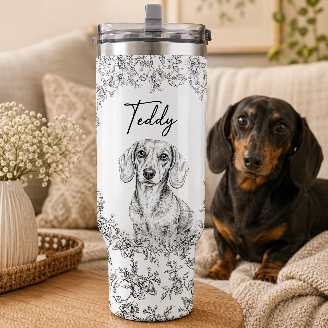 Custom Photo Flower Dog 30oz Tumbler | Gift For Dog Lovers | Pet Lover Gifts TOM99