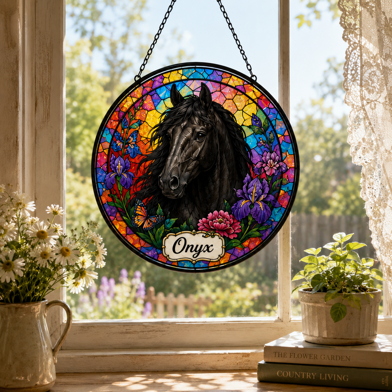 Custom Photo Horse Flowers Stained Glass Suncatcher – Personalized Horse Lover Gifts | Gift For Horse Lover TOM99