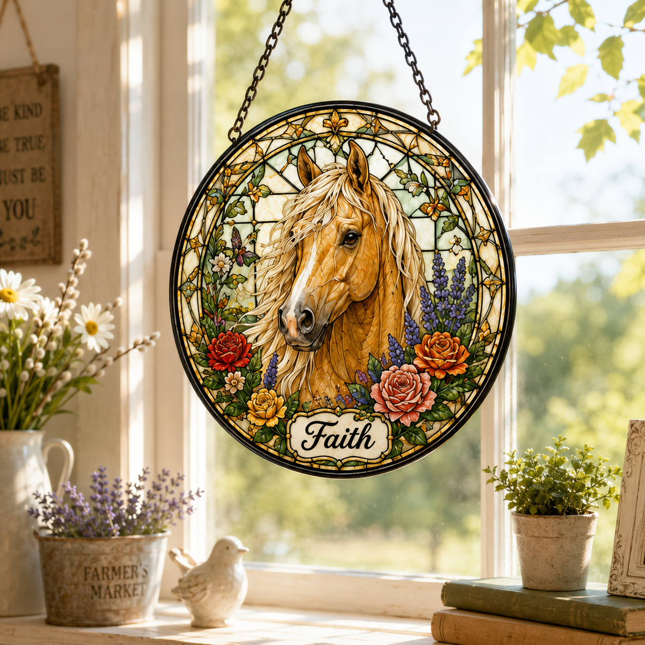 Custom Photo Horse Flowers Stained Glass Suncatcher – Personalized Horse Lover Gifts | Gift For Horse Lover TOM99