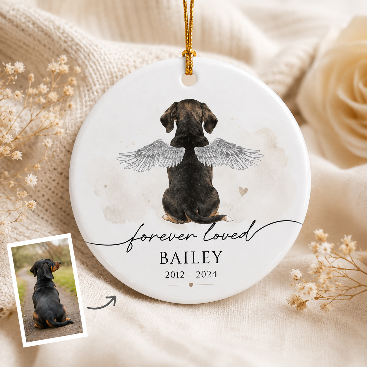 Custom Photo Dog Forever Loved Memorial Ceramic Ornament | Personalized Dog Lovers Gifts | Gift For Dog Lovers TOM99