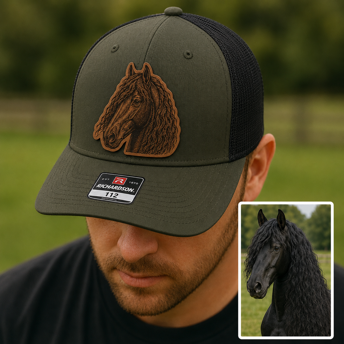 Custom Pet Photo Trucker Hat – Personalized Leather Patch Hat – Horse Portrait Gift – Custom Pet Face Hat P99A16