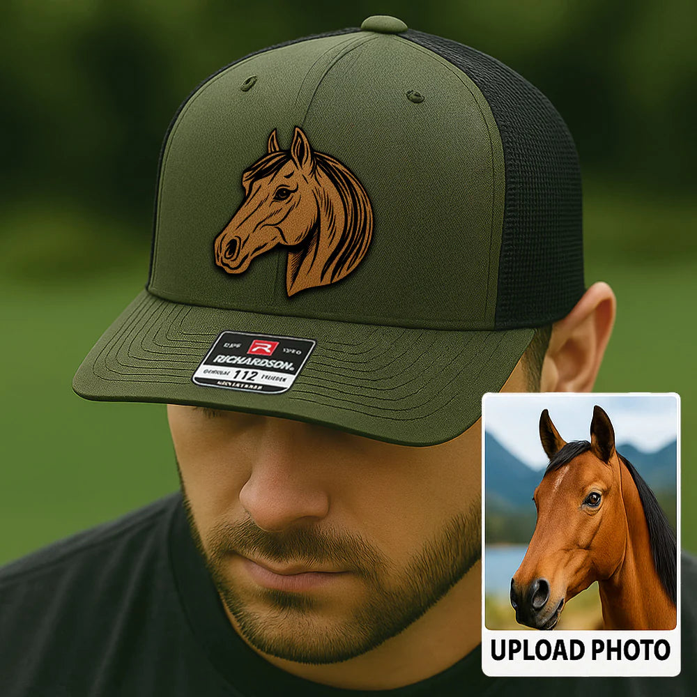Custom Pet Photo Trucker Hat – Personalized Leather Patch Hat – Horse Portrait Gift – Custom Pet Face Hat P99A16