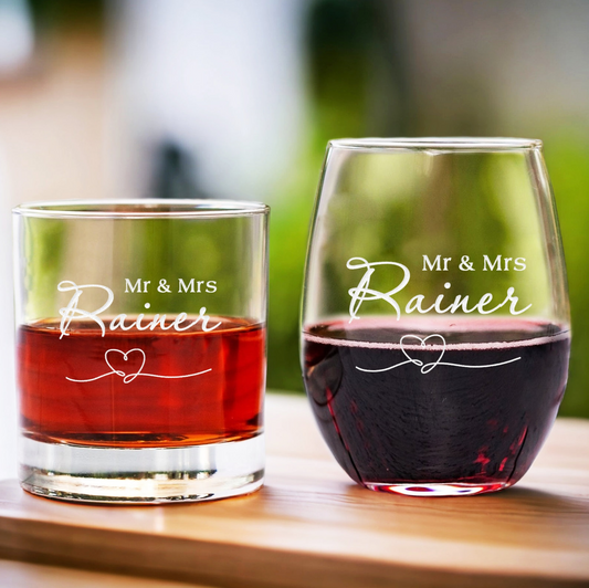 Custom Wine and Whiskey Glass Gift Set | Personalized Engraved Bride and Groom | Wedding Gift