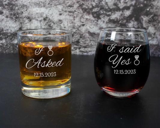 Set Engraved Engagement Whiskey and Wine Glass | Personalized Engagement | Gift for Couples