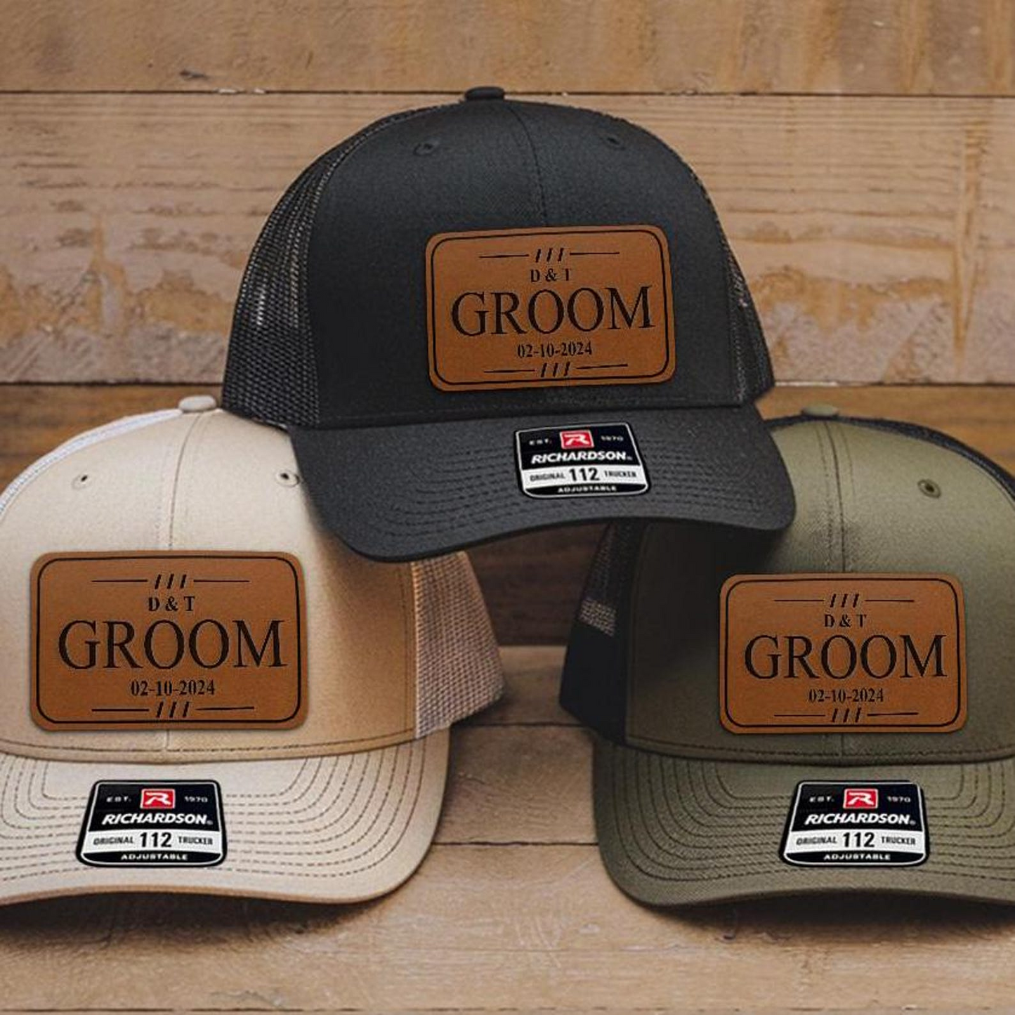 Custom Wedding Hat, Grooms Day Gift, Personalized Leather Patch Trucker Hat Cap, Best Man Present