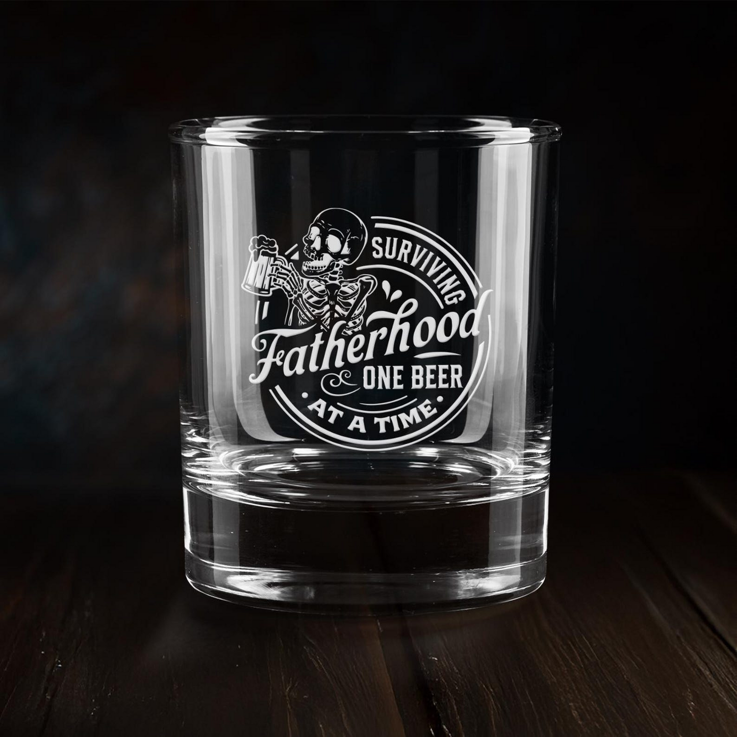 Funny Surviving Fatherhood One Beer At A Time Drink Engraved Whiskey Glass | Gifts for Dad