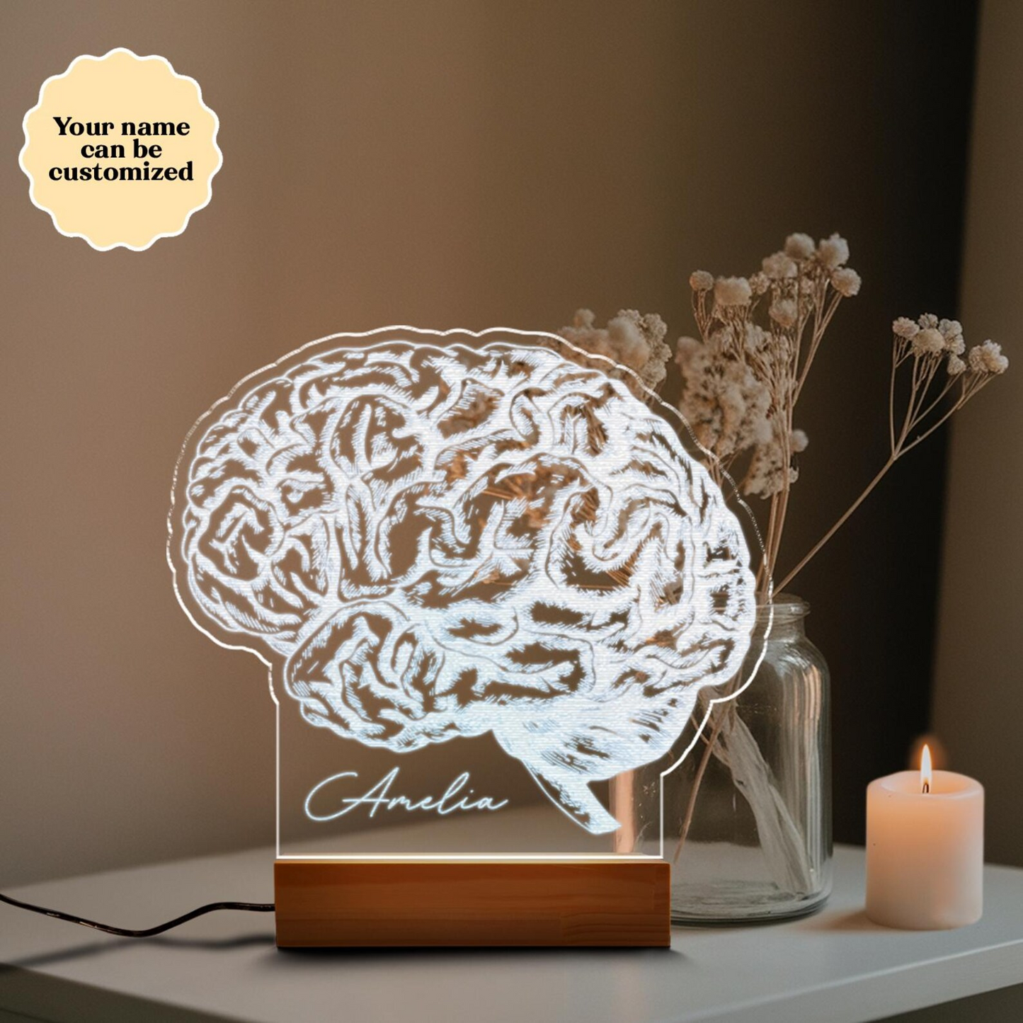Custom Brain Night Led Light | Custom Name 3D Lamp | Gift For Doctor