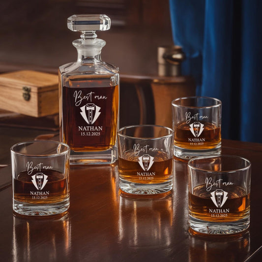Personalized Custom Name Best Man Whiskey Glass And Decanter Set | Best Gift For Dad | Engraved Whiskey Glass and Decanter