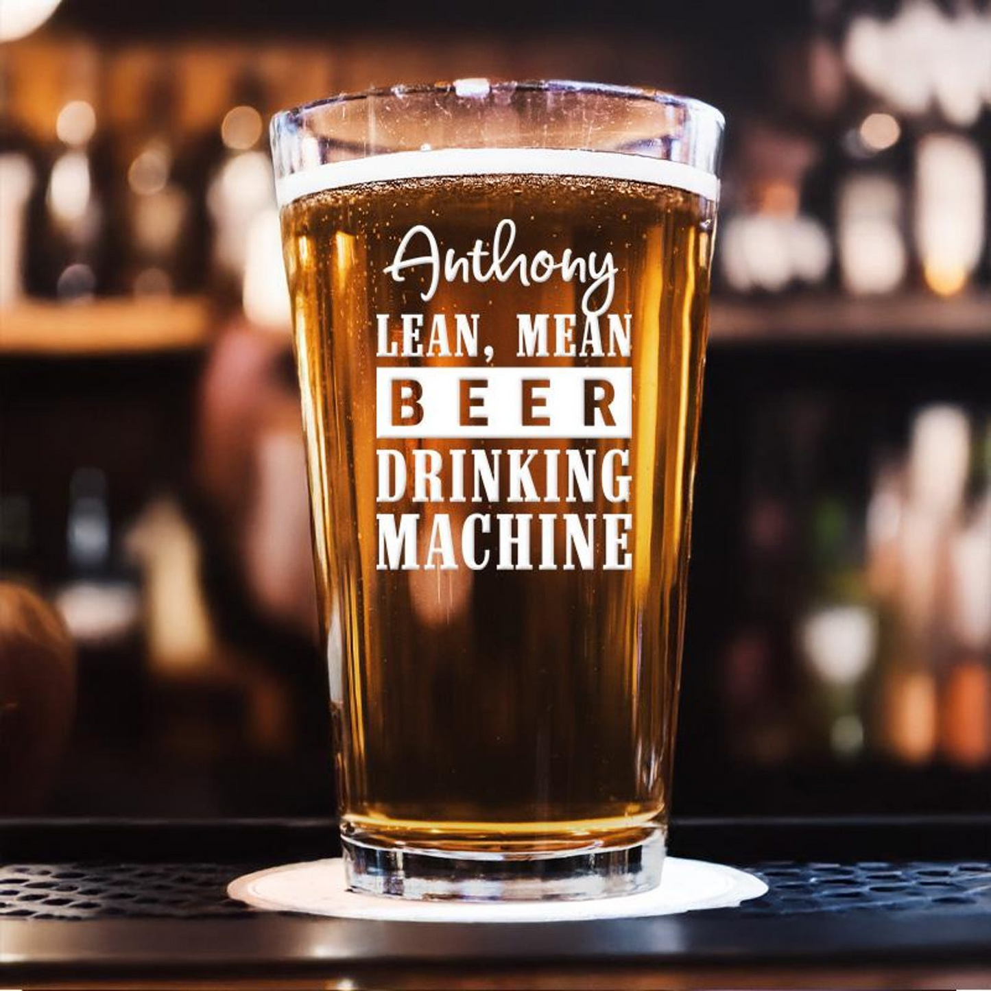Custom Name Drinking Machine Engraved Pint Glass | Funny Gift Idea | Engraved Beer Glass