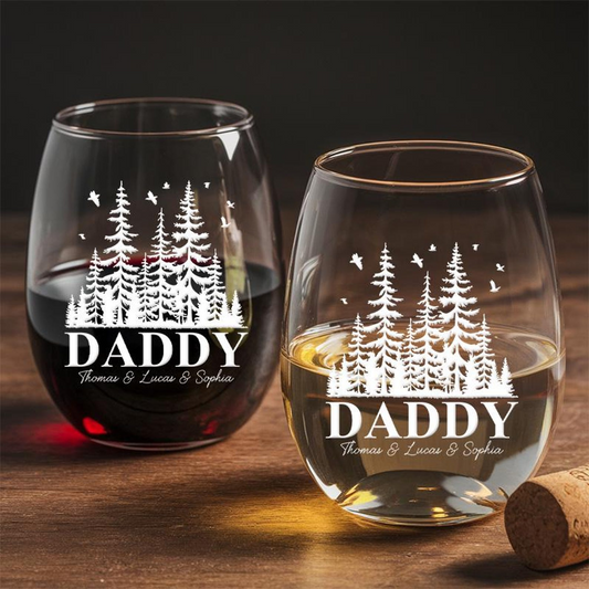 Personalized Tree Daddy Wine Glass | Fathers Day Gift | Gifts From Kids | Engraved Wine Glass