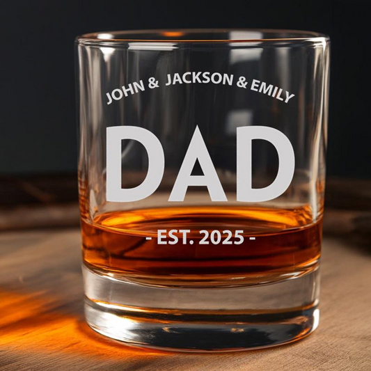 Personalized Dad Est 2025 With Kid Names Whiskey Glass | Father's Day Gift for Dad | Engraved Whiskey Glass