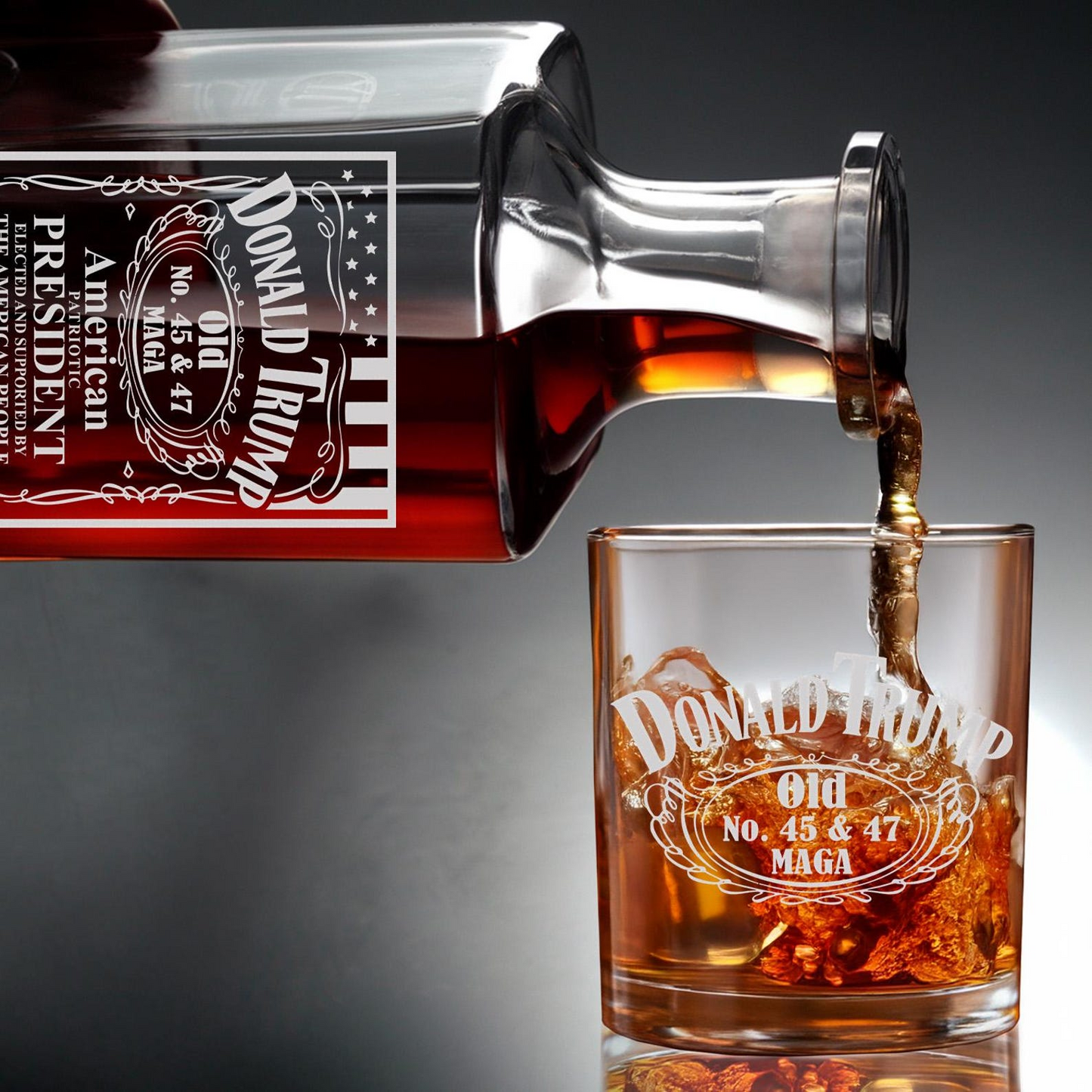 Donald Trump “Old No. 45 / 47” Whiskey Decanter Set | MAGA Patriotic Barware for Collectors & Supporters | MAGA gift | Patriotic Gift