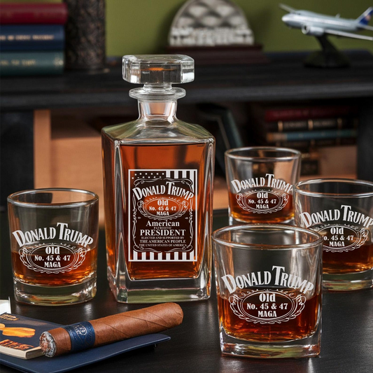 Donald Trump “Old No. 45 / 47” Whiskey Decanter Set | MAGA Patriotic Barware for Collectors & Supporters | MAGA gift | Patriotic Gift