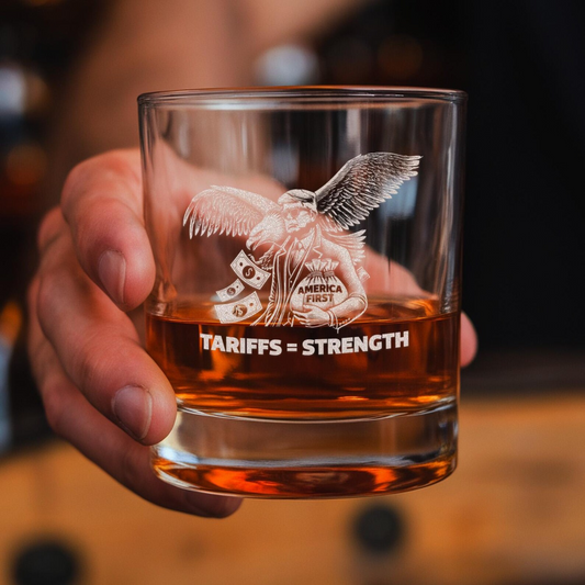 New Trade America First Whiskey Glass 11 oz | Patriotic Gift For Trump Supporters | Engraved Whiskey Glass