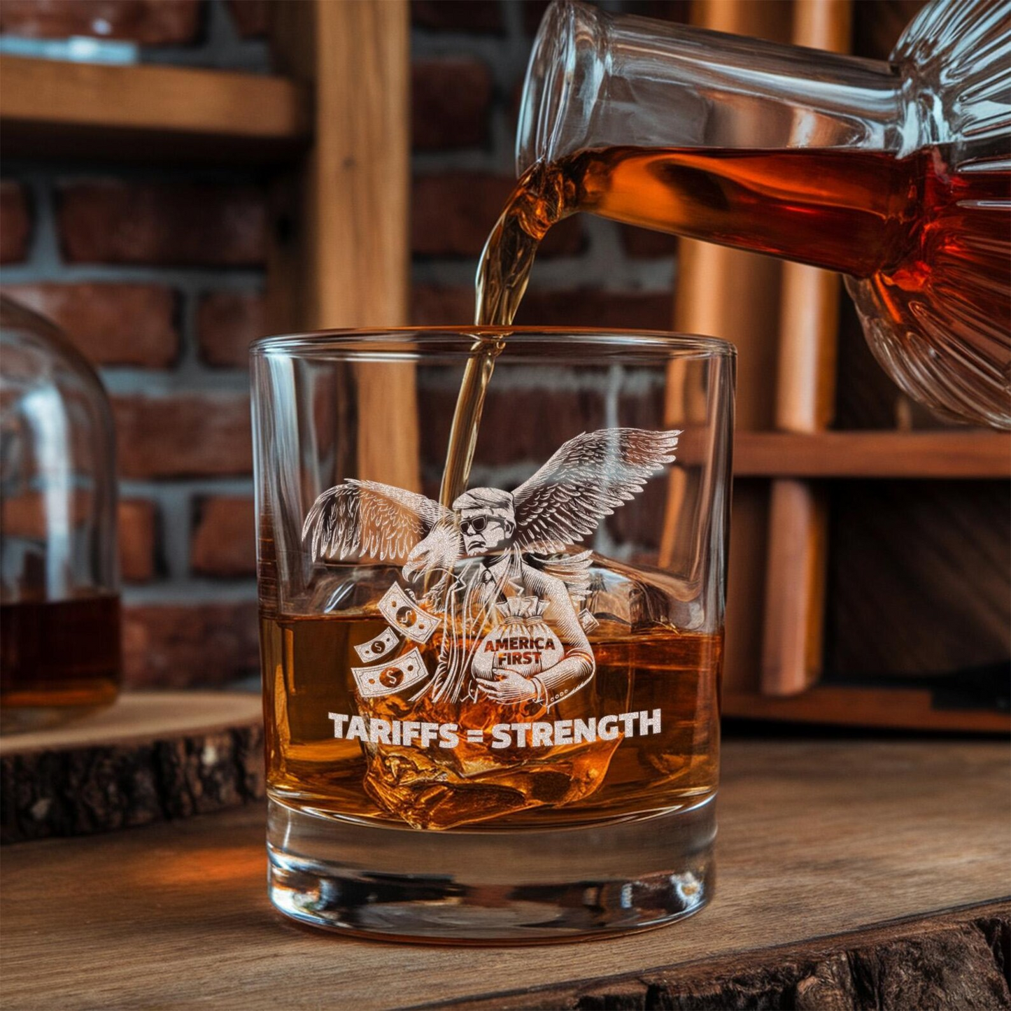New Trade America First Whiskey Glass 11 oz | Patriotic Gift For Trump Supporters | Engraved Whiskey Glass