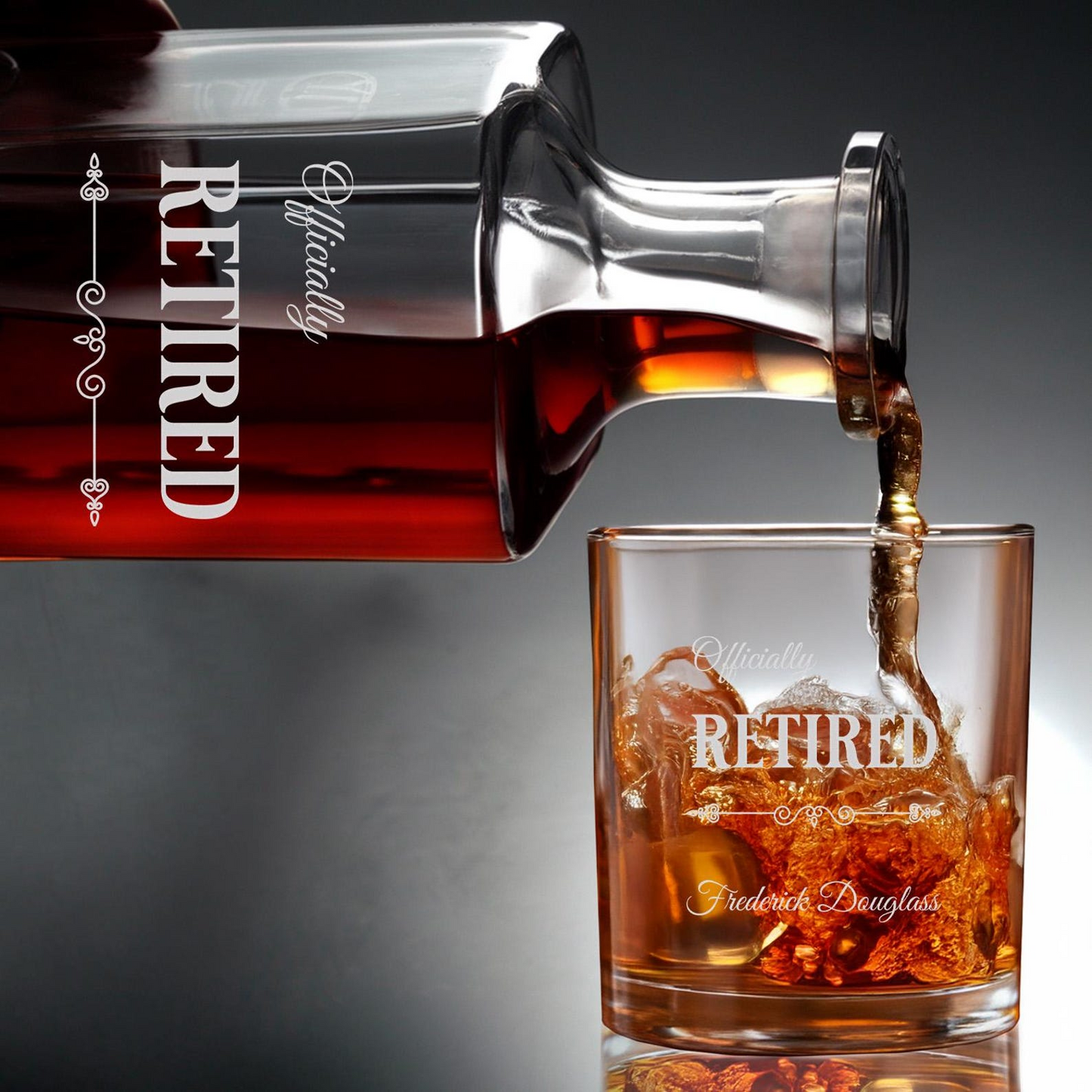 Officially Retired Whiskey Glass And Decanter Set | Personalized Whiskey Decanter | Retirement Gift TND040