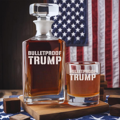 Bulletproof Trump Decanter & Whiskey Glass Set | Engraved Whiskey Decanter | Gift For Trump Supporters