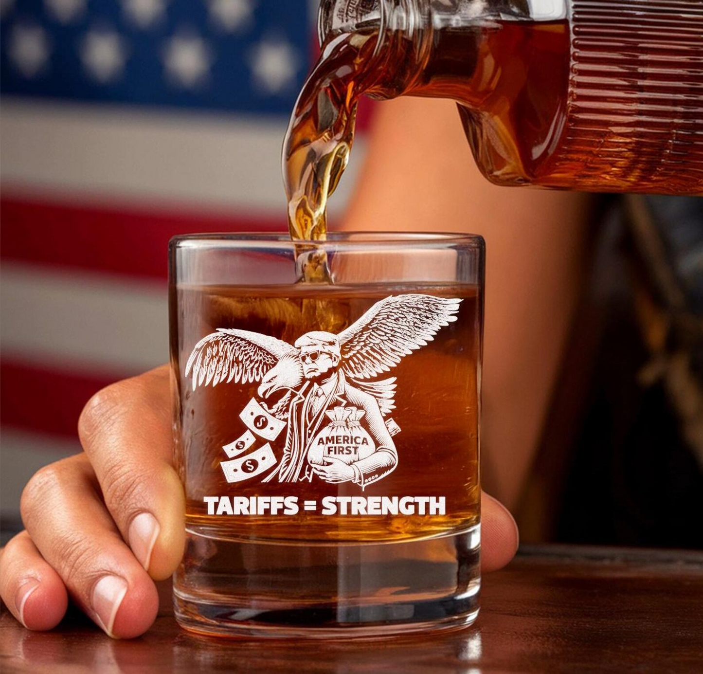 New Trade America First Whiskey Glass 11 oz | Patriotic Gift For Trump Supporters | Engraved Whiskey Glass