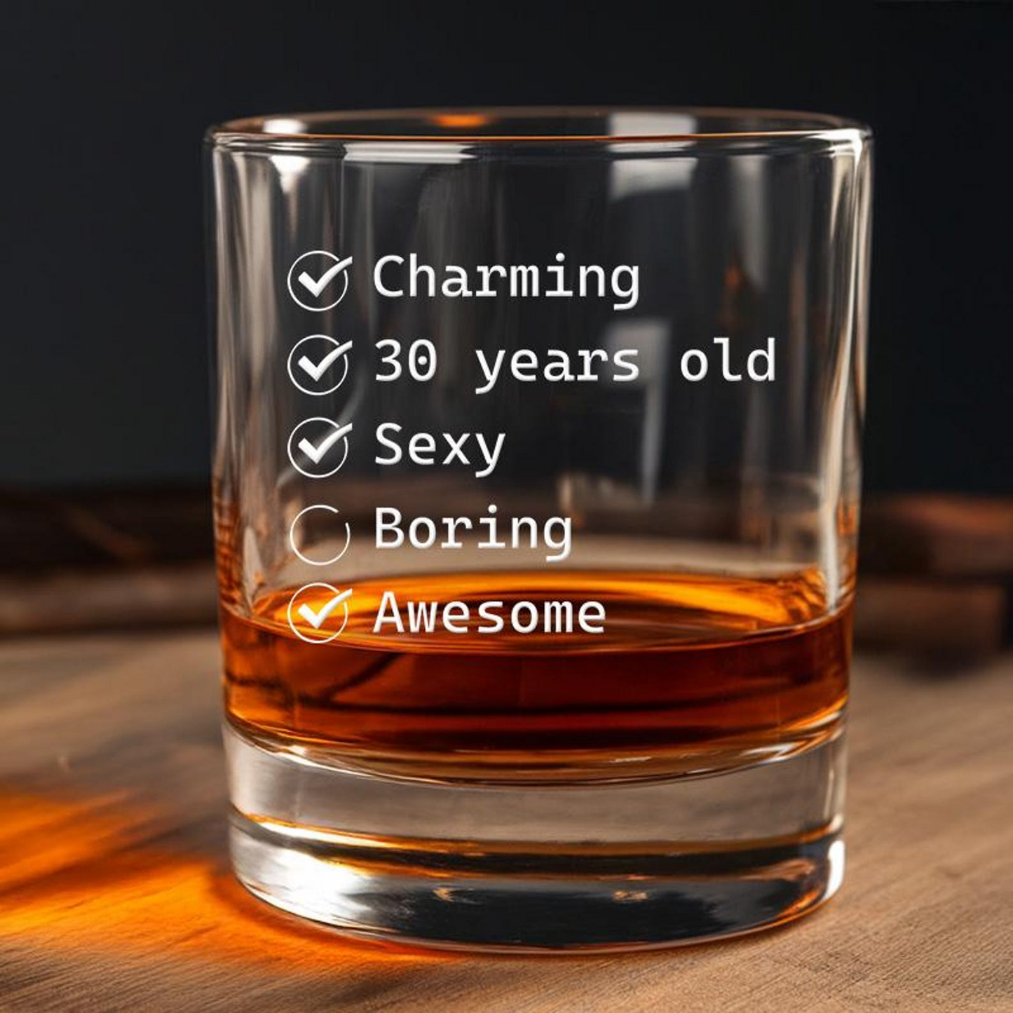 Check Box Birthday 30 Engraved Whiskey Glass | Funny Gift Idea | Birthday Gift For Friend