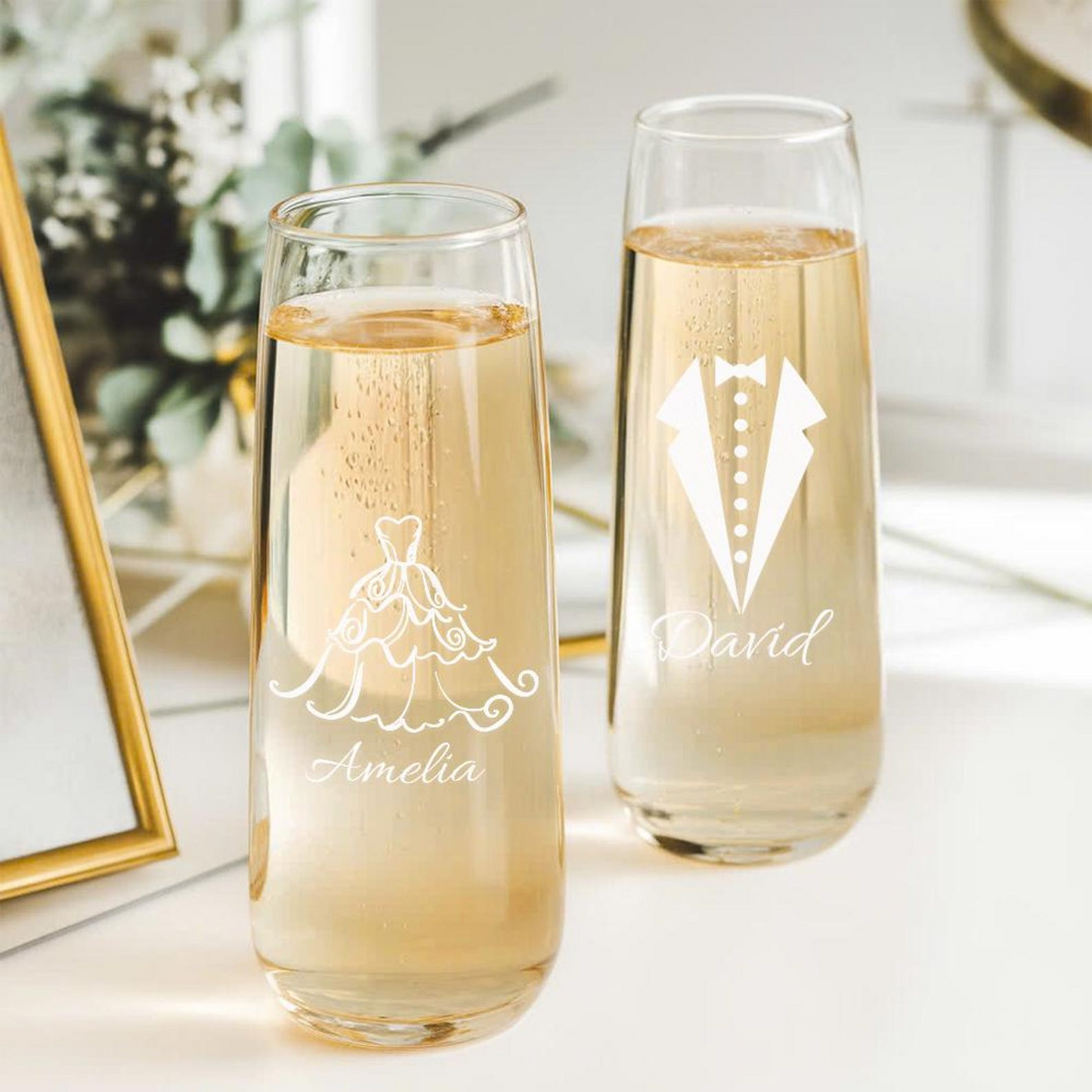 Custom Wedding Dress and Tuxedo Name Stemless Flutes Wine Glasses | Engraved Name And Date Champagne Flutes Glass | Wedding Gift