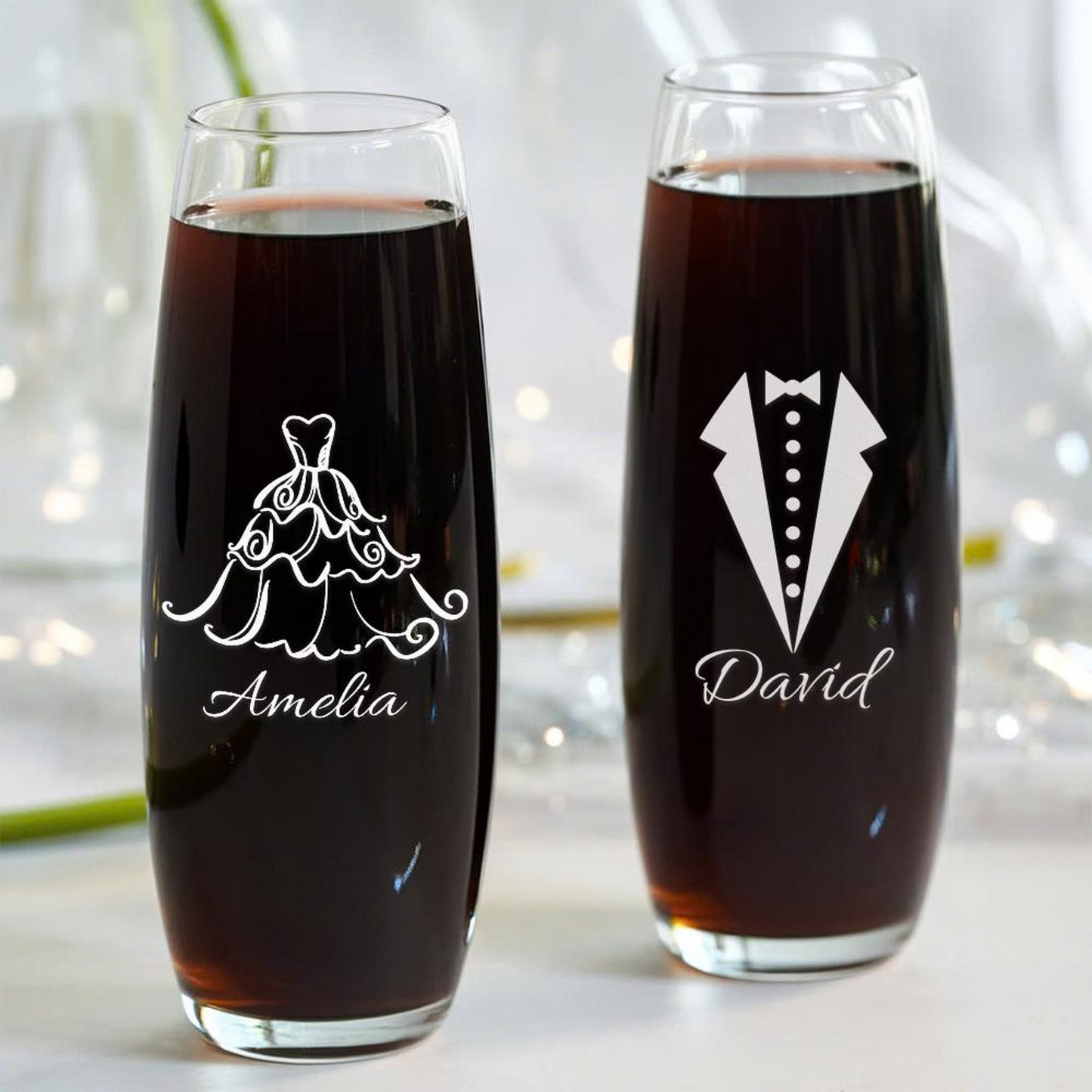 Custom Wedding Dress and Tuxedo Name Stemless Flutes Wine Glasses | Engraved Name And Date Champagne Flutes Glass | Wedding Gift