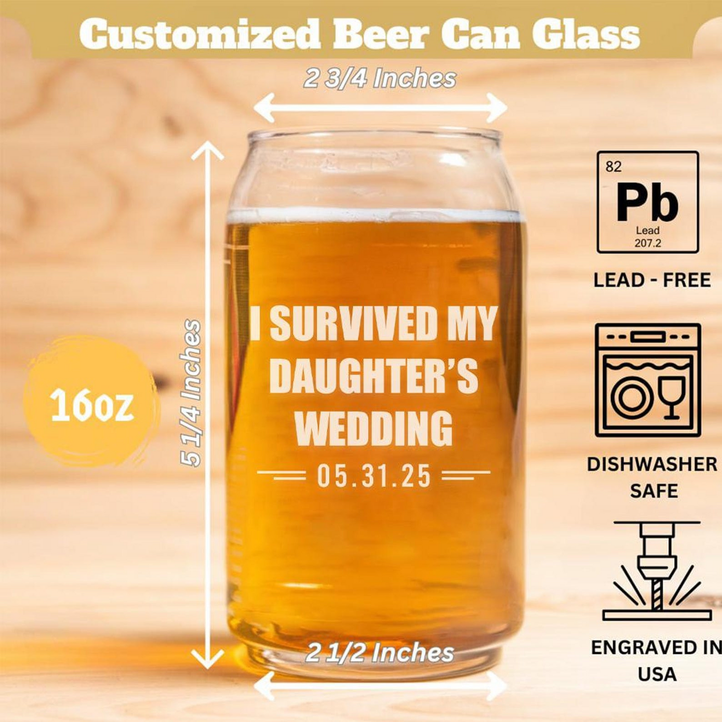 Personalized I Survived My Daughter’s Wedding Beer Can Glass | Custom Wedding Glasses | Funny Father Of The Bride Gift