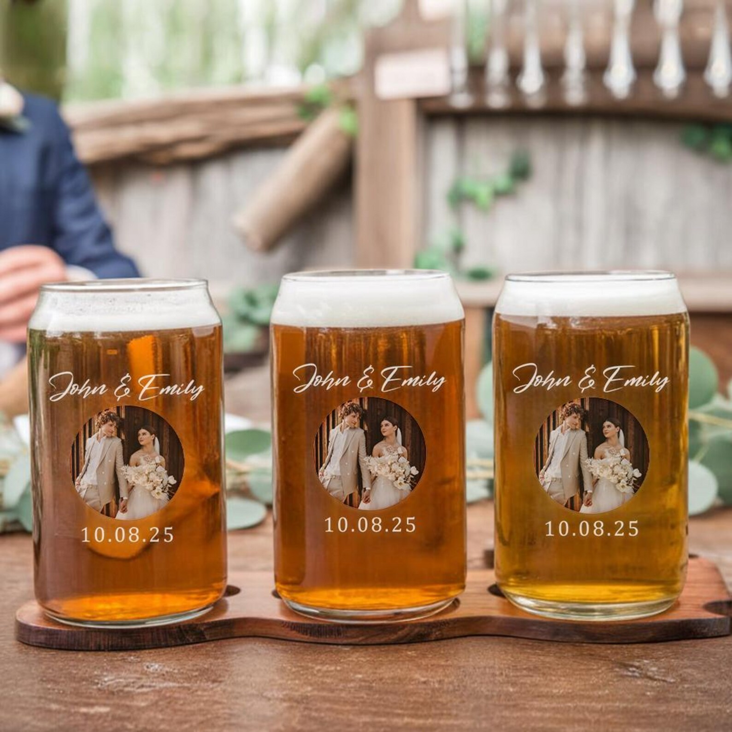 Personalized Wedding Photo Beer Can Glass | Custom Name And Date Wedding Glasses | Gift For Couple