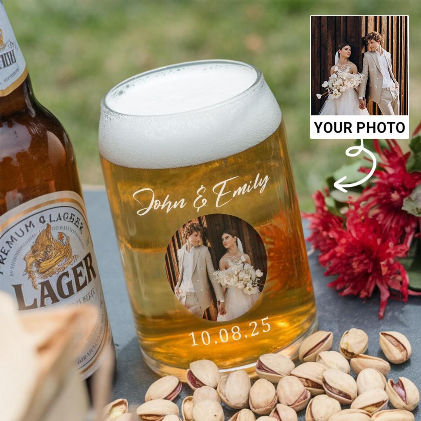Personalized Wedding Photo Beer Can Glass | Custom Name And Date Wedding Glasses | Gift For Couple