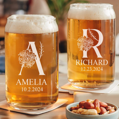 Personalized Beer Can Glass With Floral Logo Set | Custom Wedding Glasses | Gift For Wedding