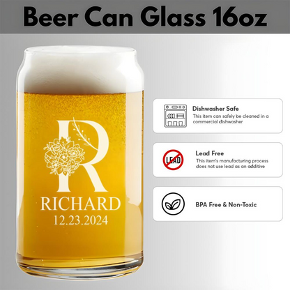 Personalized Beer Can Glass With Floral Logo Set | Custom Wedding Glasses | Gift For Wedding