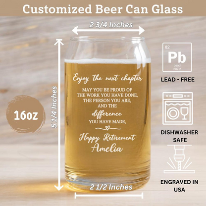 Personalized Enjoy The Next Chapter Beer Can Glass 16 Oz | Retirement Gift | Beer Can Glass For Retirees