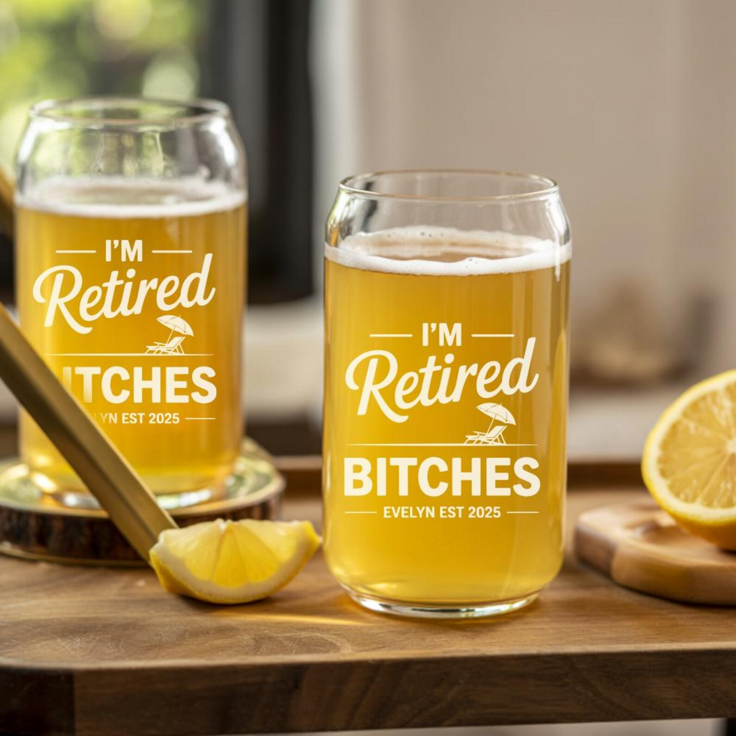 Personalized I'm Retired Bitches Beer Can Glass 16 Oz | Retirement Gift | Beer Can Glass For Retirees