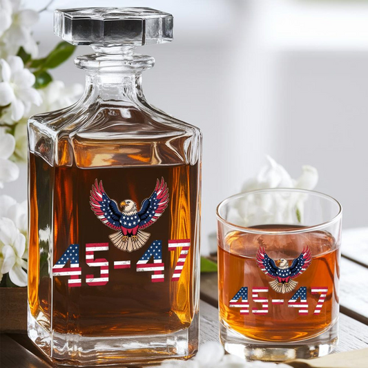 Trump 45 47 American Flag Decanter & Whiskey Glass Set | Patriotic Gift | Engraved Whiskey Decanter