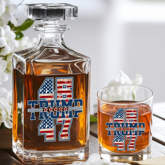 President Trump 45 47 Decanter & Whiskey Glass Set | Patriotic Gift | Engraved Whiskey Decanter