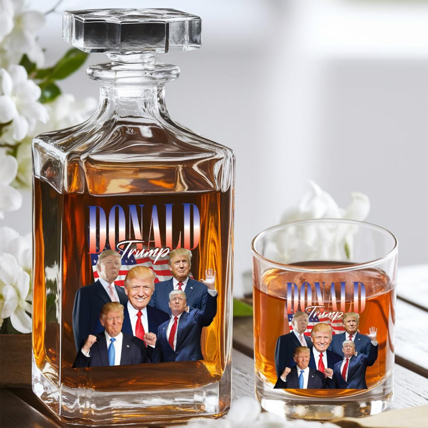 Donald Trump Decanter & Whiskey Glass Set | Patriotic Gift | Engraved Whiskey Decanter