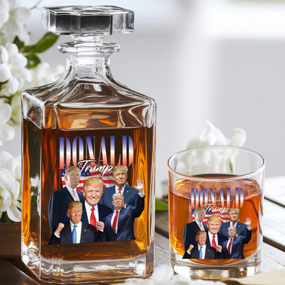 Donald Trump Decanter & Whiskey Glass Set | Patriotic Gift | Engraved Whiskey Decanter
