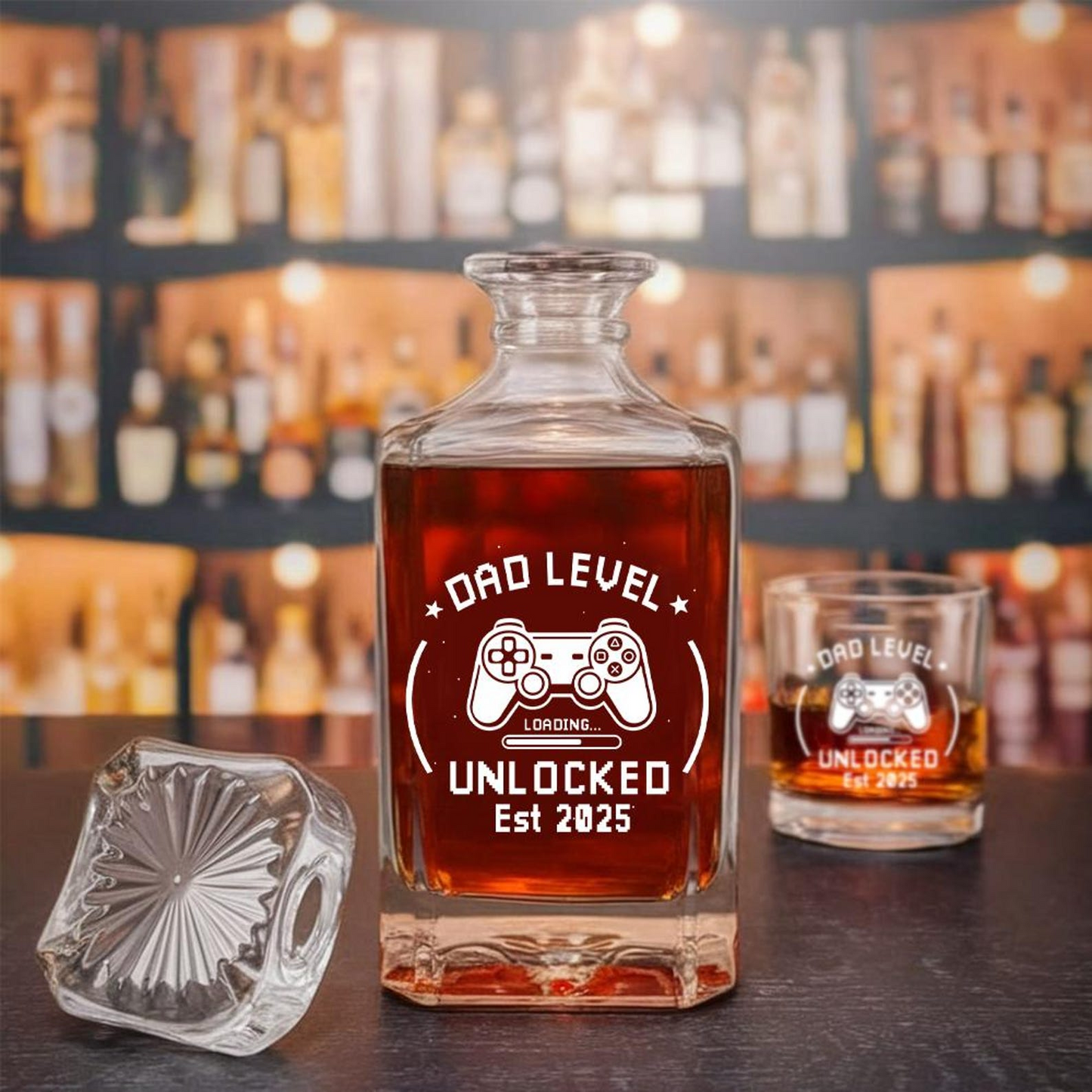 Personalized Dad Lever Unlocked Whiskey Glass And Decanter Set | Father's Day Gift | Gift For Dad