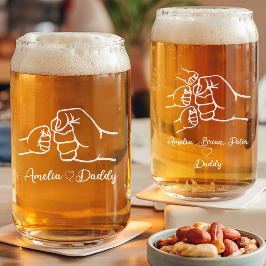 Custom Dad and Kids Hand To Hands Beer Can Glass 16oz | Father's Day Gift | Gift For Dad