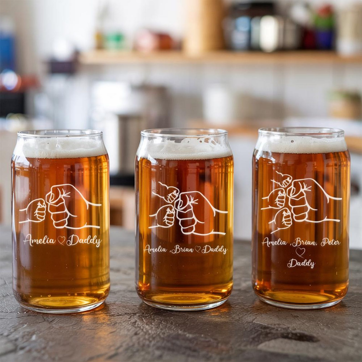 Custom Dad and Kids Hand To Hands Beer Can Glass 16oz | Father's Day Gift | Gift For Dad
