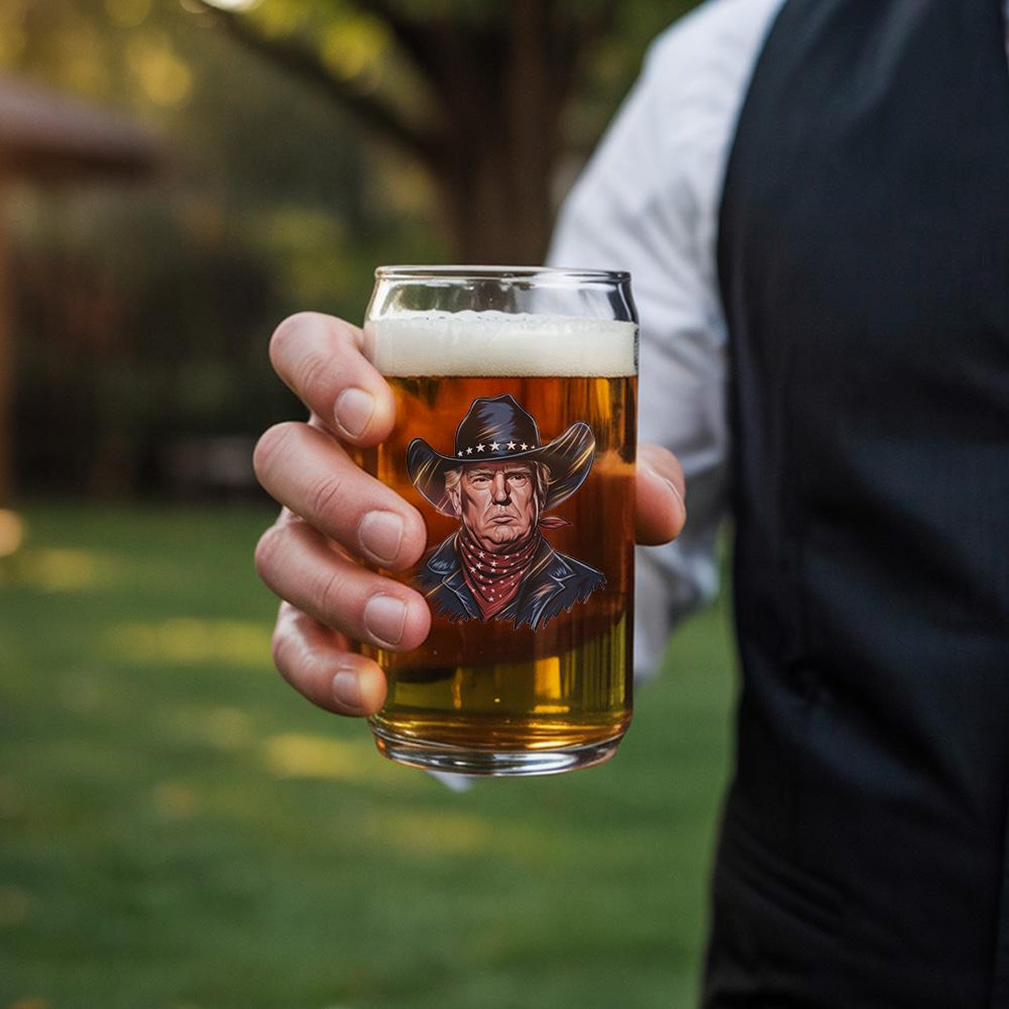 Trump 2024 President Cowboy Outlaw Flag Beer Can Glass 16oz | Trump Presidential Beer Can Glass | Gift For Trump Supporters