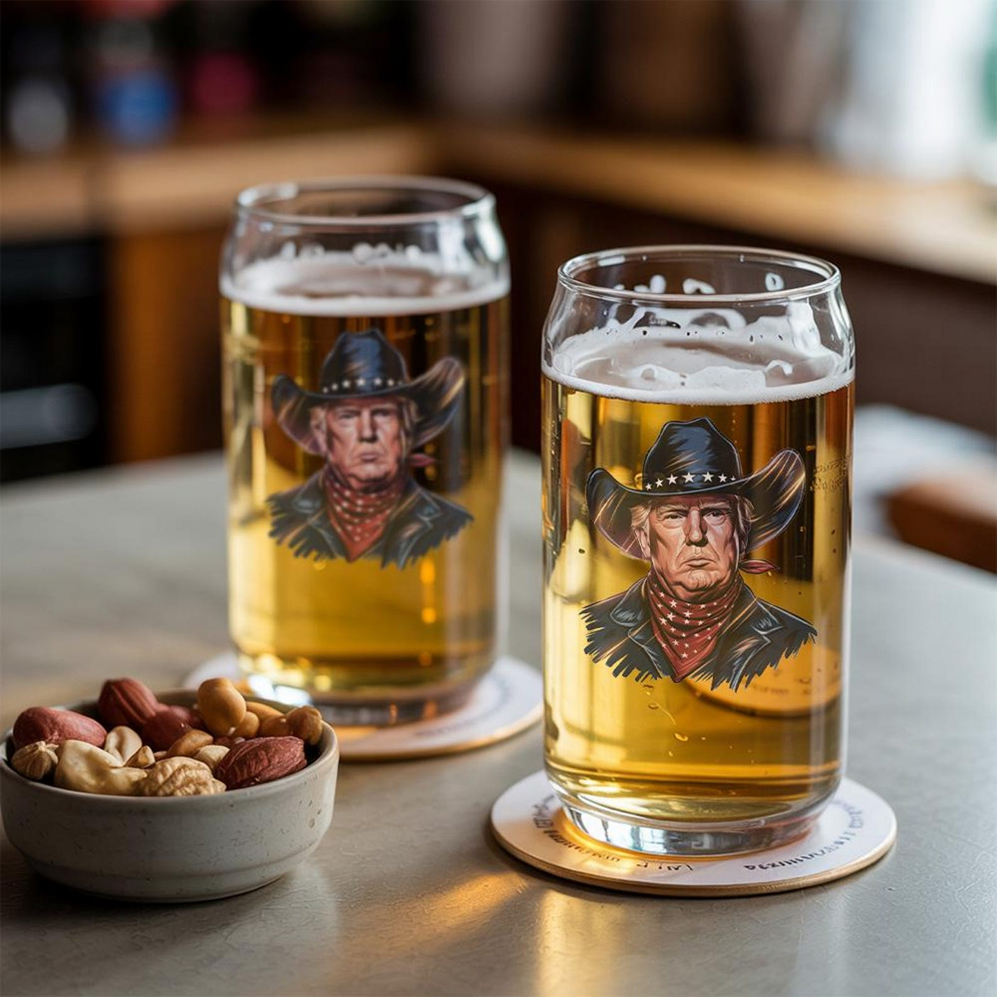 Trump 2024 President Cowboy Outlaw Flag Beer Can Glass 16oz | Trump Presidential Beer Can Glass | Gift For Trump Supporters