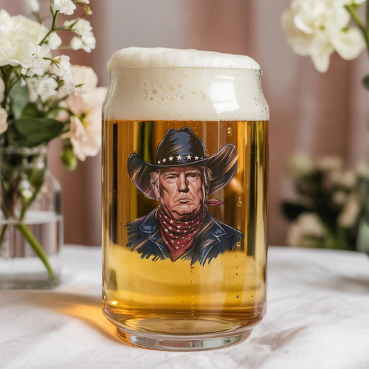 Trump 2024 President Cowboy Outlaw Flag Beer Can Glass 16oz | Trump Presidential Beer Can Glass | Gift For Trump Supporters