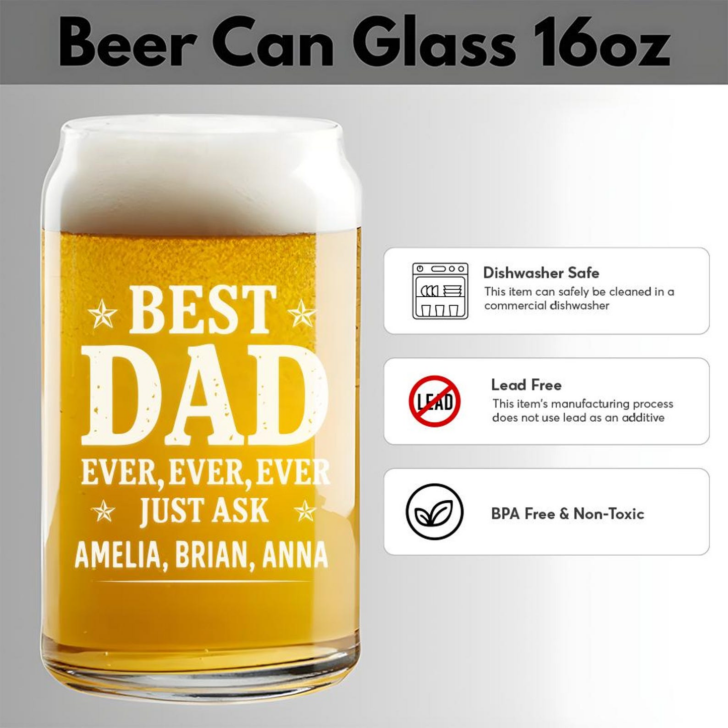 Personalized Best Dad And Kids Name Beer Can Glass 16oz | Father's Day Gift | Funny Gift Idea For Dad
