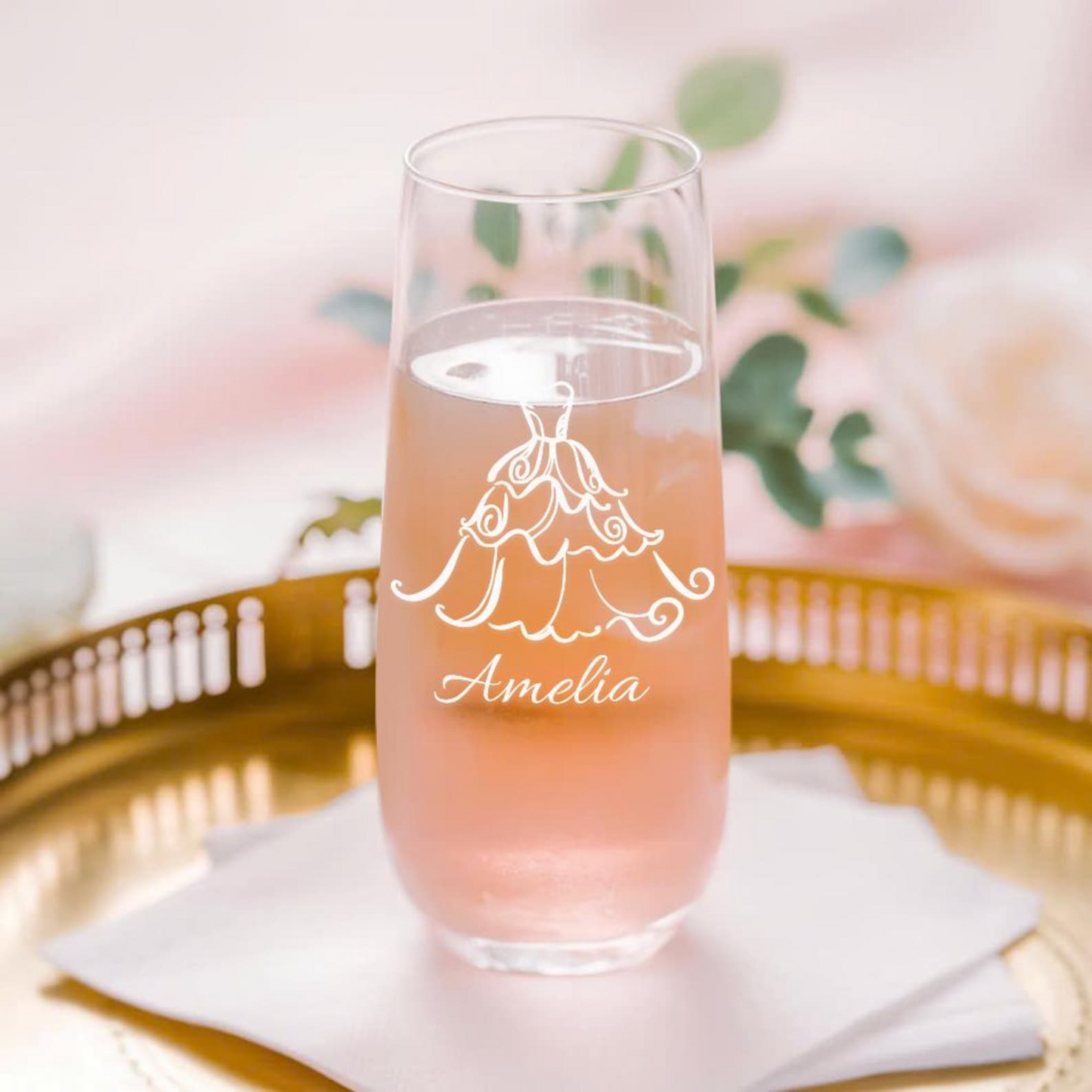 Custom Wedding Dress and Tuxedo Name Stemless Flutes Wine Glasses | Engraved Name And Date Champagne Flutes Glass | Wedding Gift